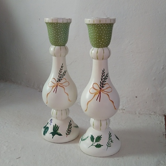 Hand Painted Turned Wood Candle Holders Botanical Folk Art Cottage 9.75" Tall - Picture 1 of 9